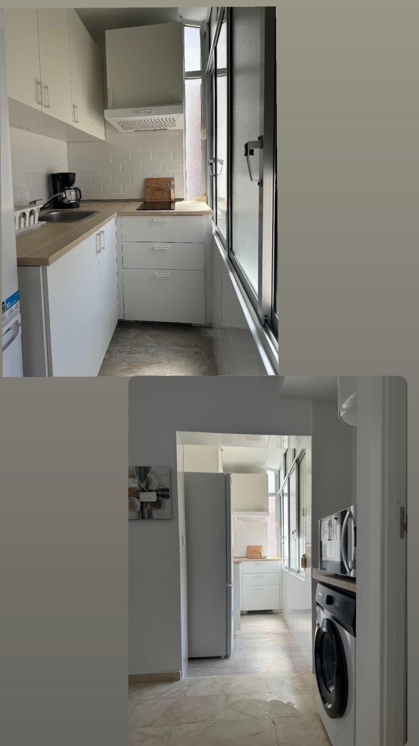 Kitchen or kitchenette, oven, stove, toaster, washing machine