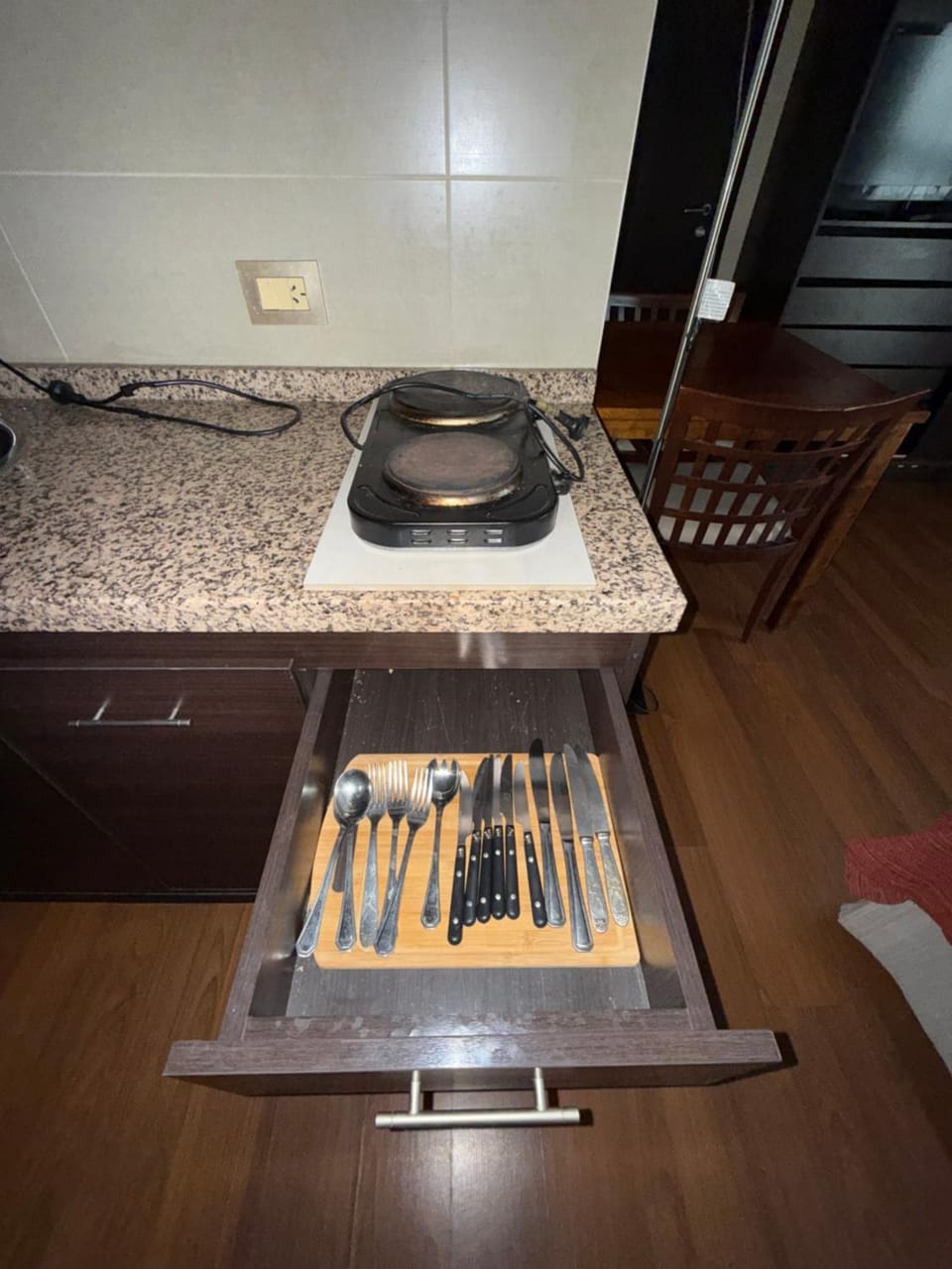 Kitchen or kitchenette, stove