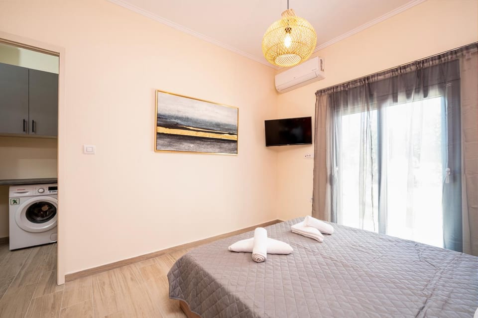 Bed, TV and multimedia, Kitchen or kitchenette, Photo of the whole room, Bedroom, towels, washing machine