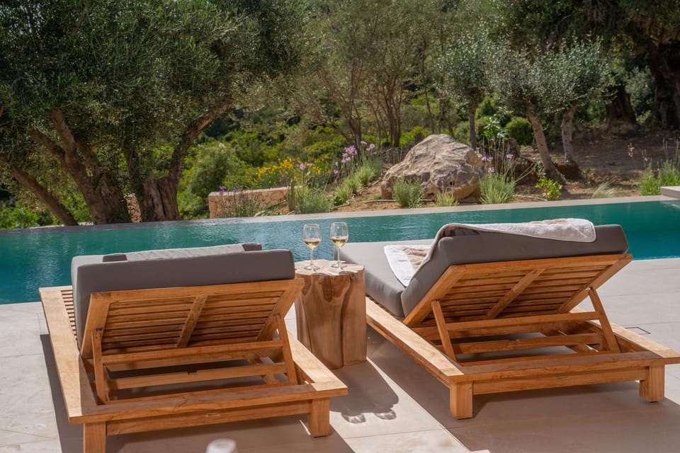Patio, Spring, Day, Natural landscape, Living room, Seating area, Pool view, Swimming pool, sunbed