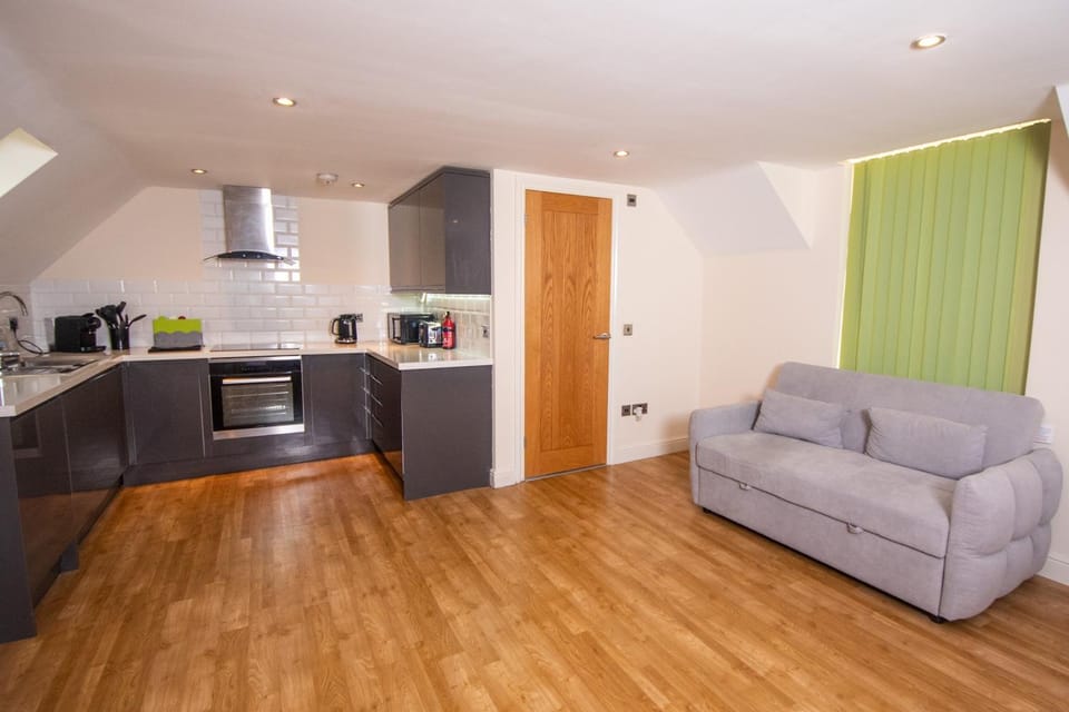 Kitchen or kitchenette, Living room, Dining area, oven, stove, toaster