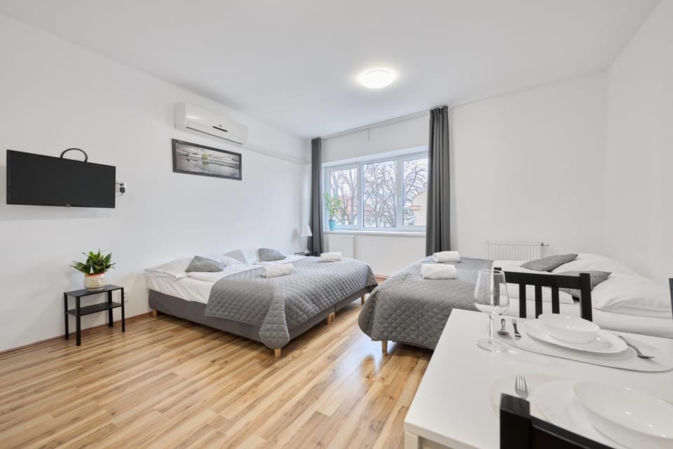 Bed, TV and multimedia, Living room, Photo of the whole room, Seating area, Dining area, Bedroom, towels, air conditioner