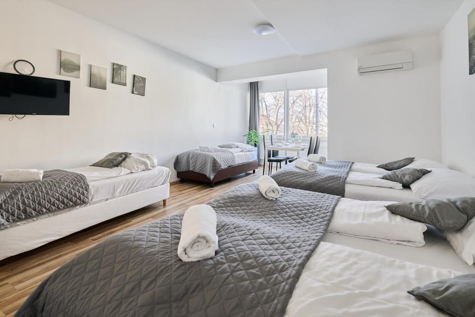 Bed, TV and multimedia, Living room, Photo of the whole room, Seating area, Bedroom, towels, air conditioner