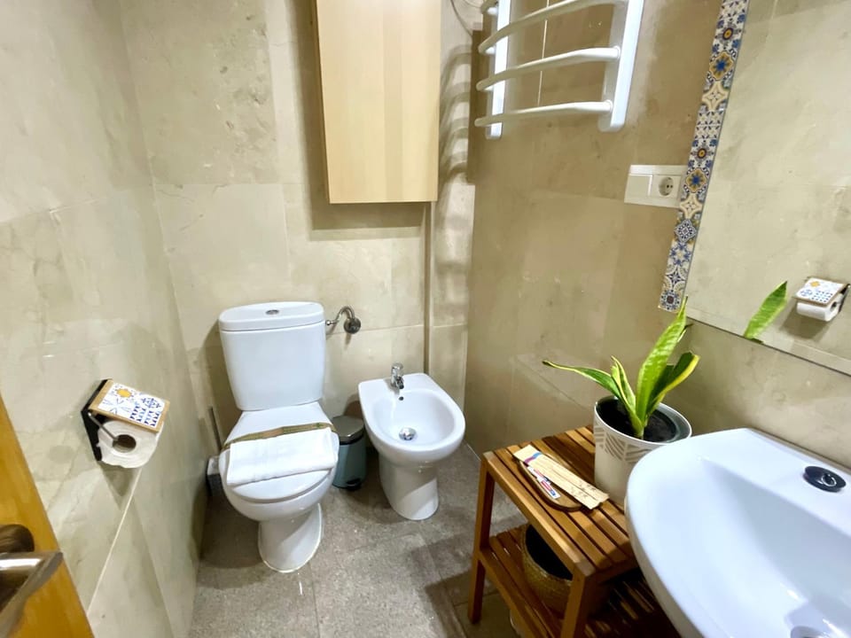 Bathroom, bidet, towels