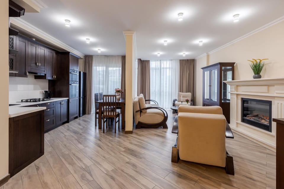 Kitchen or kitchenette, Living room, Dining area, stove