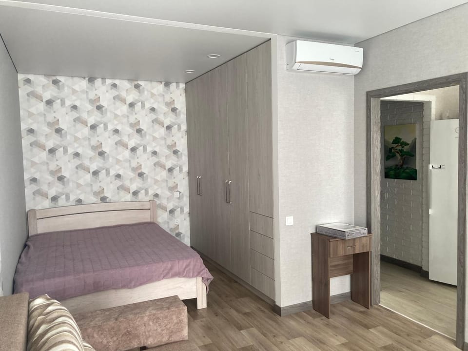 Bed, wardrobe