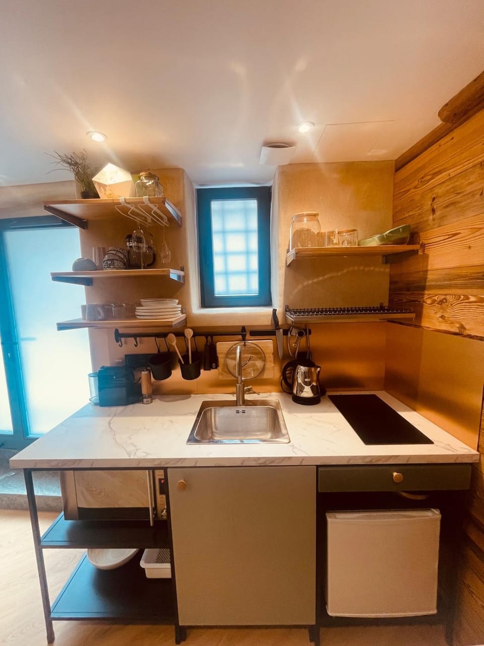 Kitchen or kitchenette, stove