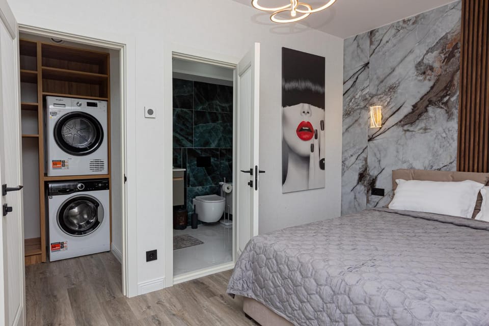 Bed, Bedroom, washing machine