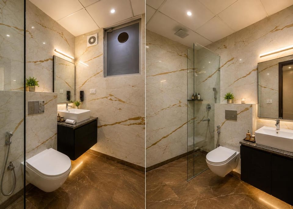 Toilet, bidet, towels