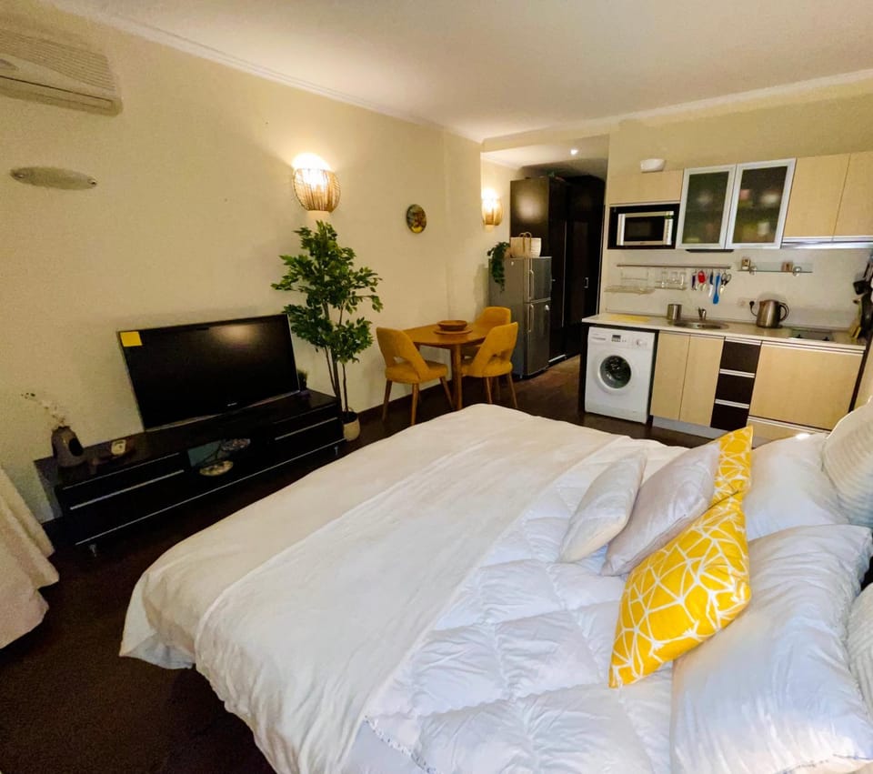 Bed, TV and multimedia, Kitchen or kitchenette, Photo of the whole room, Dining area, stove, washing machine