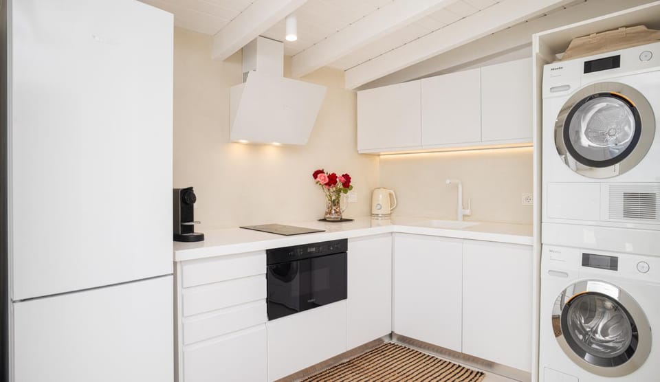 Kitchen or kitchenette, stove, washing machine, dryer