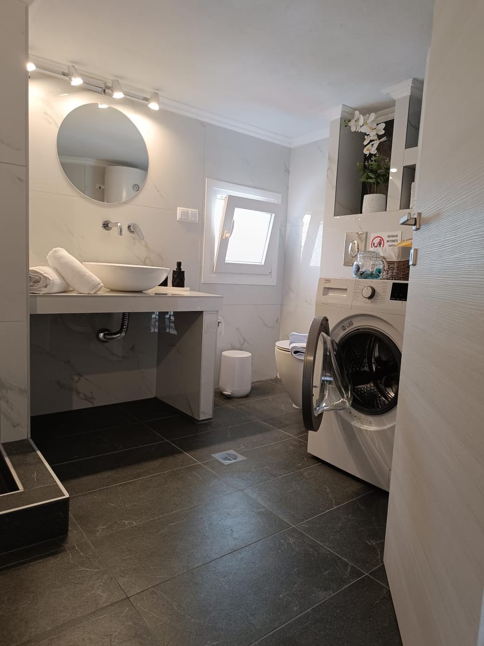 Bathroom, towels, washing machine