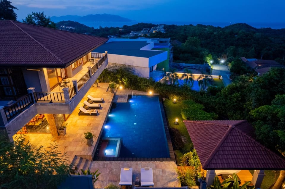 Property building, Night, Natural landscape, Pool view, Swimming pool, Parking, sunbed