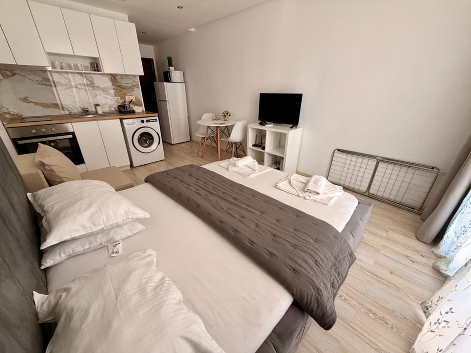 Bed, TV and multimedia, Kitchen or kitchenette, Photo of the whole room, Bedroom, towels, washing machine