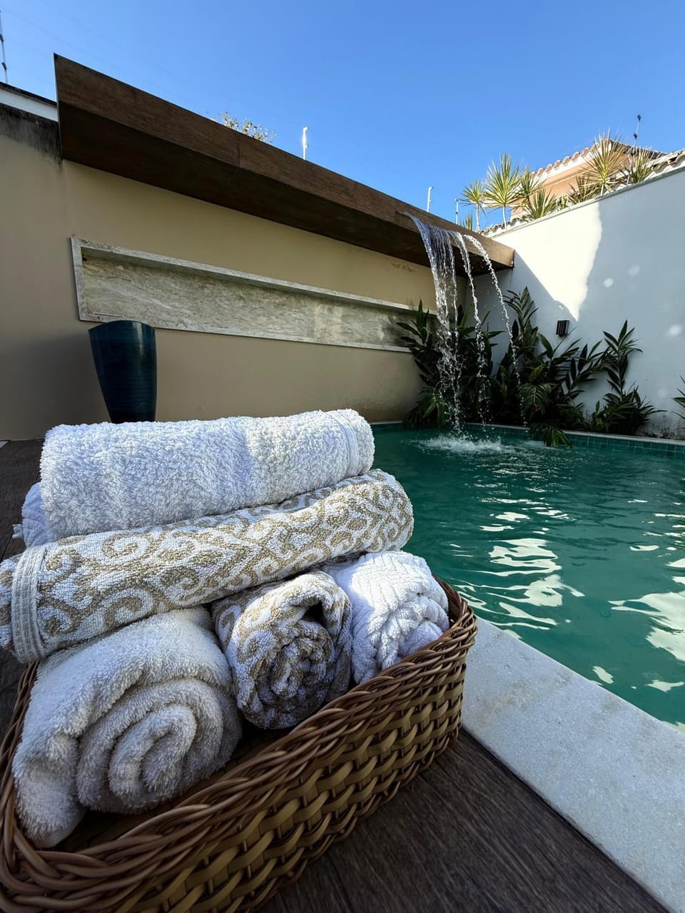 Patio, Day, Natural landscape, Pool view, Swimming pool, sunbed, towels