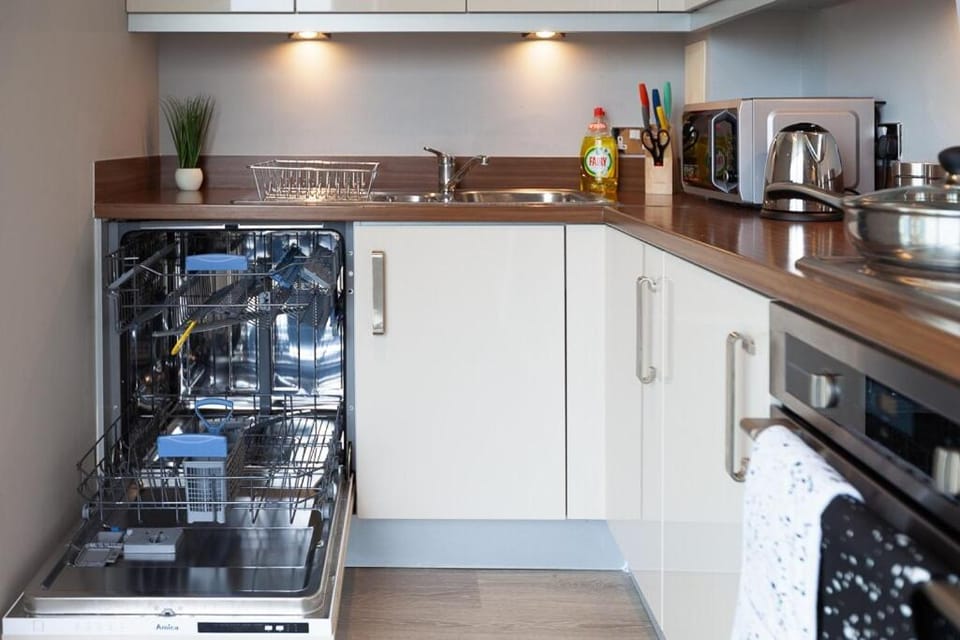 Kitchen or kitchenette, dishwasher, oven, stove