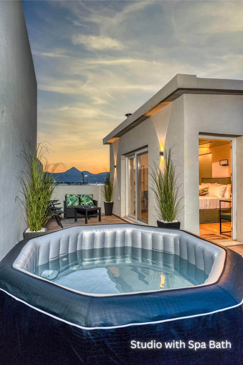 Hot Tub, View (from property/room), Balcony/Terrace, Seating area, Mountain view, Sea view, Sunset, Open Air Bath, furniture, internet