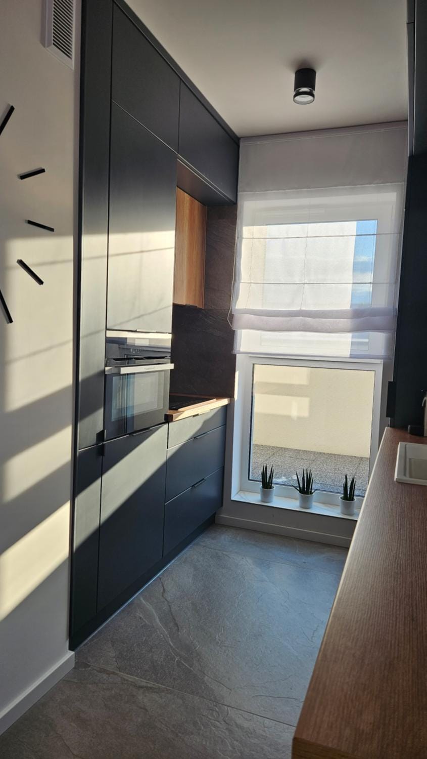 Kitchen or kitchenette, microwave, stove