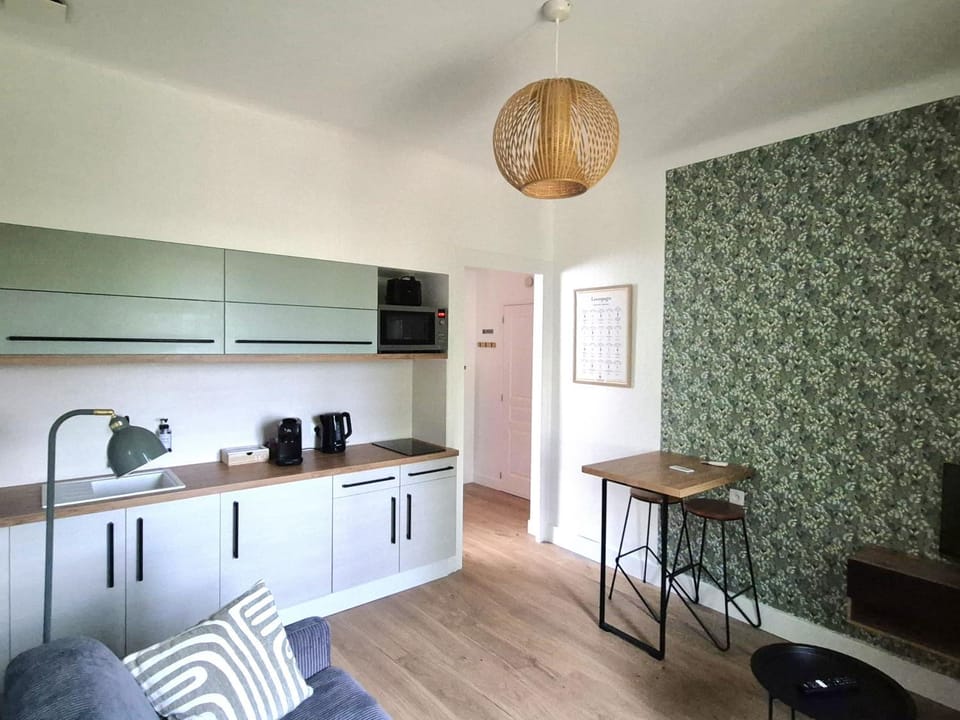 Bed, Kitchen or kitchenette, Living room, Seating area, stove