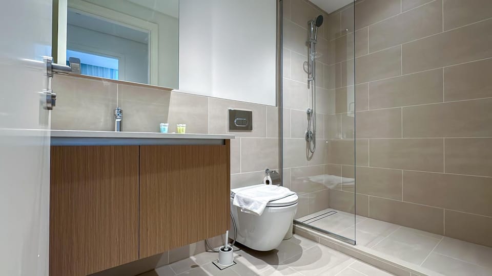 Shower, Toilet, bidet, towels