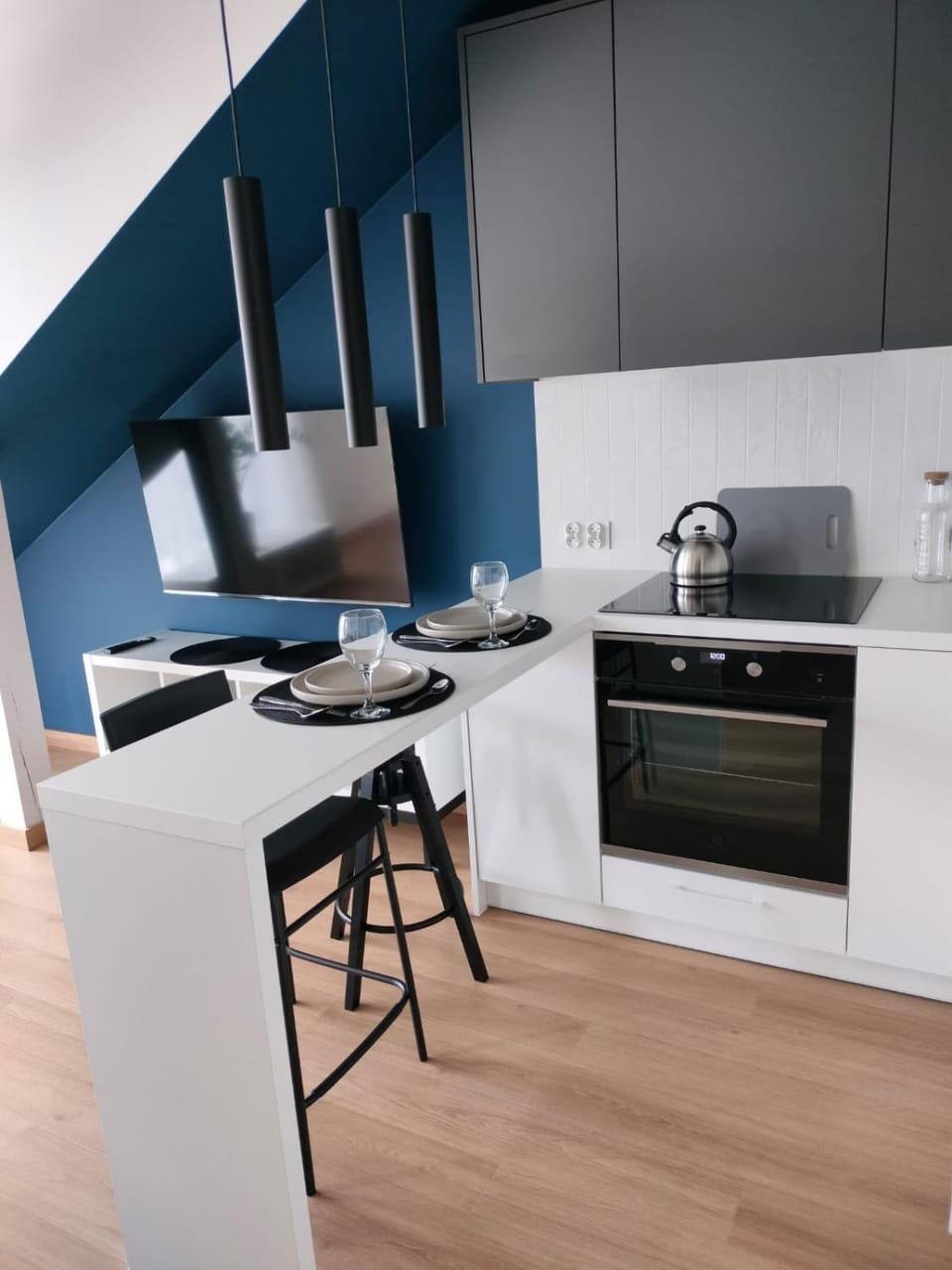 Kitchen or kitchenette, stove