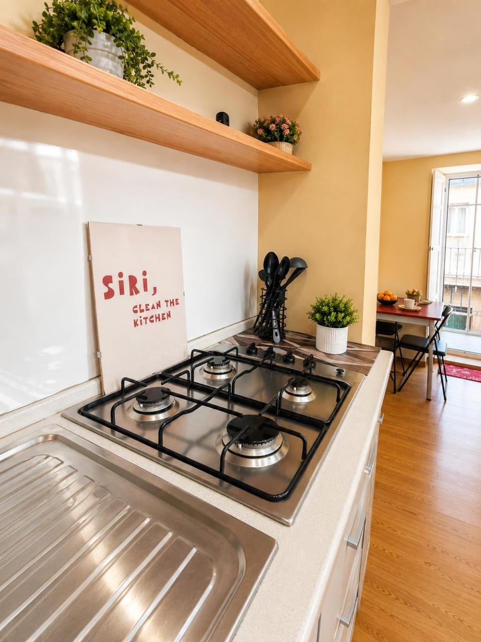 Kitchen or kitchenette, stove