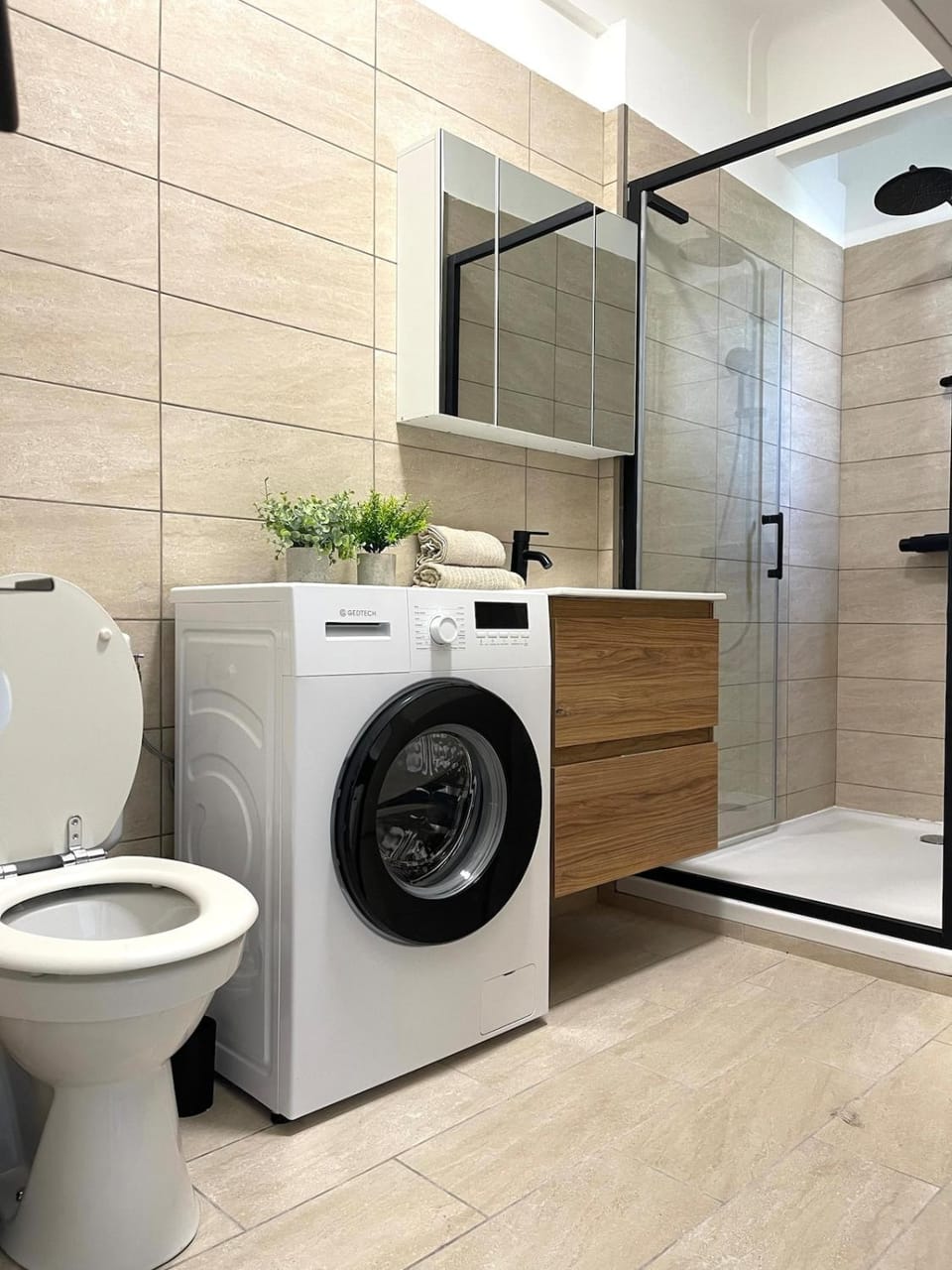 Shower, Toilet, towels, washing machine