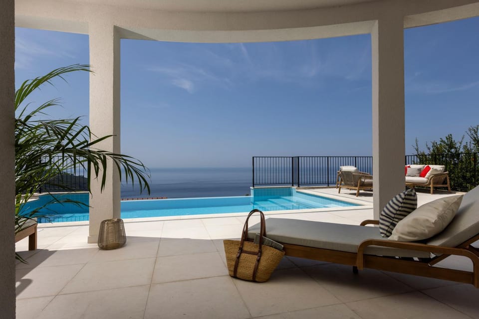 Patio, Day, Natural landscape, View (from property/room), Balcony/Terrace, Living room, Seating area, Pool view, Sea view, Swimming pool, sunbed