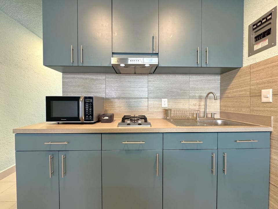 Kitchen or kitchenette, microwave, minibar, stove, toaster, air conditioner