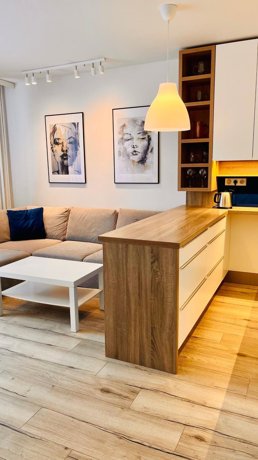 Kitchen or kitchenette, Living room, Seating area