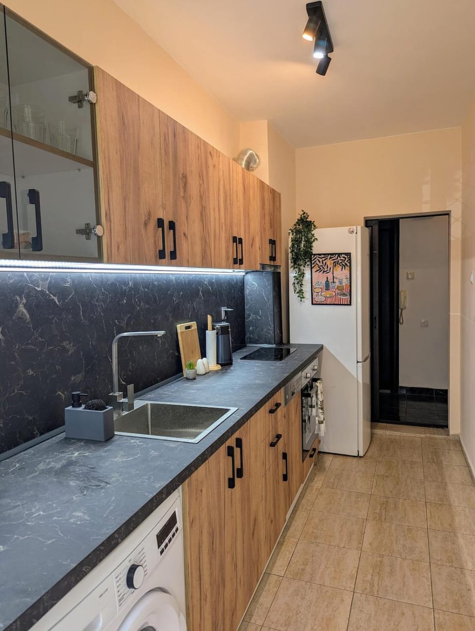 Kitchen or kitchenette, dishwasher, stove