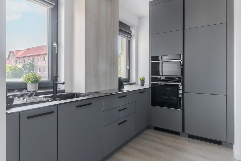 Kitchen or kitchenette, dishwasher, oven, stove