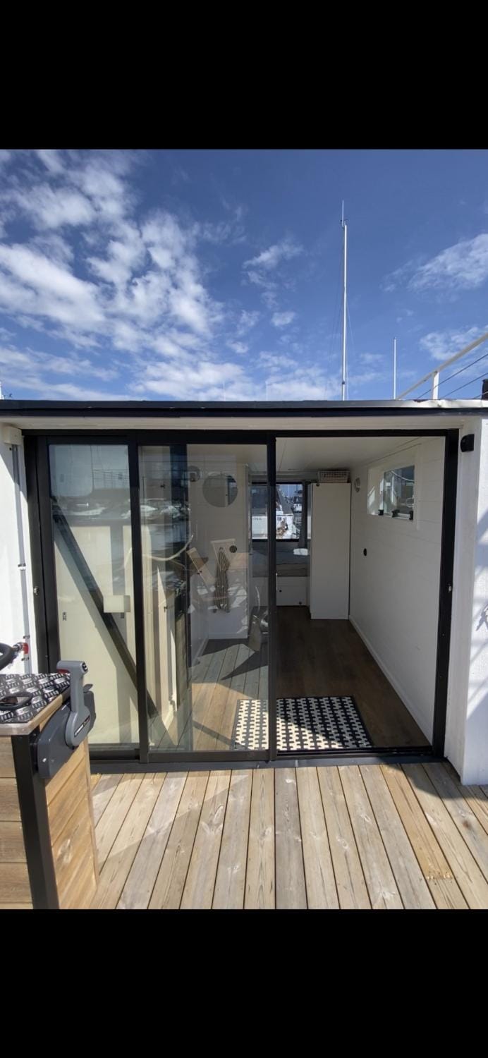 Houseboat in Karlskrona City Docked boat in Kalmar County, Sweden