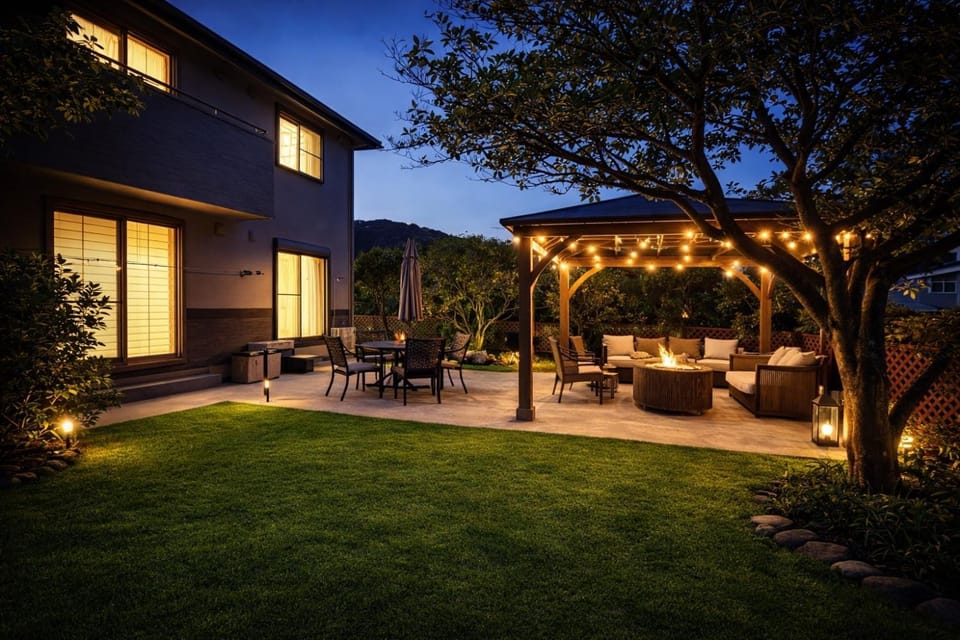 Day, Night, Garden, Seating area, Dining area
