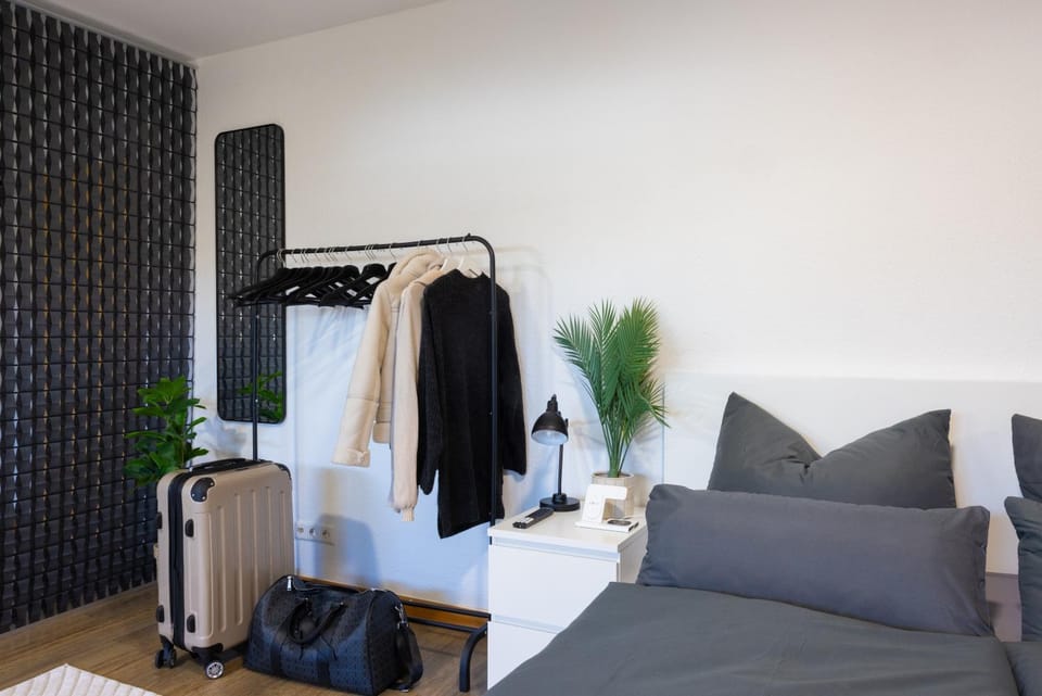Bed, wardrobe