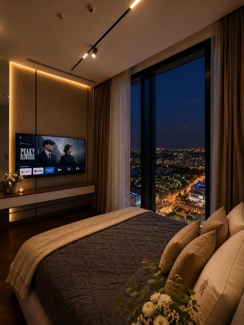 Bed, Night, TV and multimedia, Bedroom, City view, Mountain view