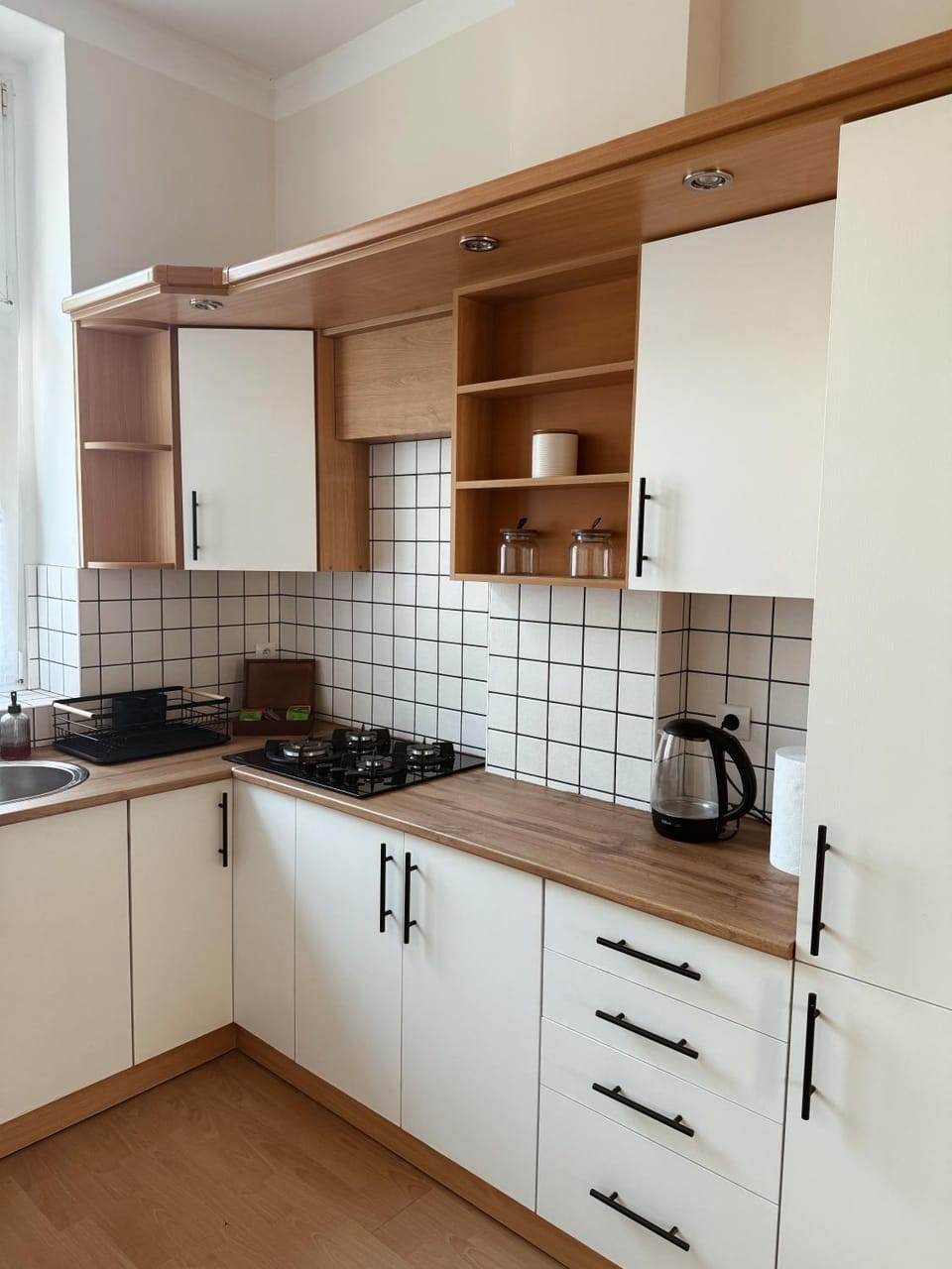 Kitchen or kitchenette, stove