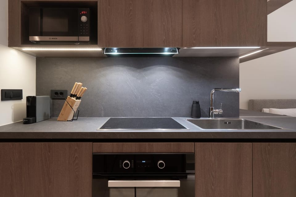 Kitchen or kitchenette, stove