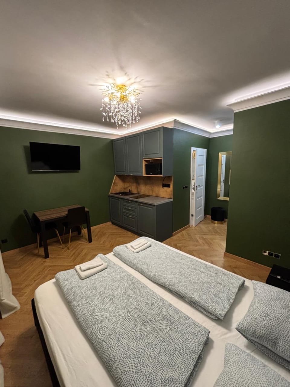 Bed, TV and multimedia, Kitchen or kitchenette, Living room, Photo of the whole room, Seating area, Bedroom