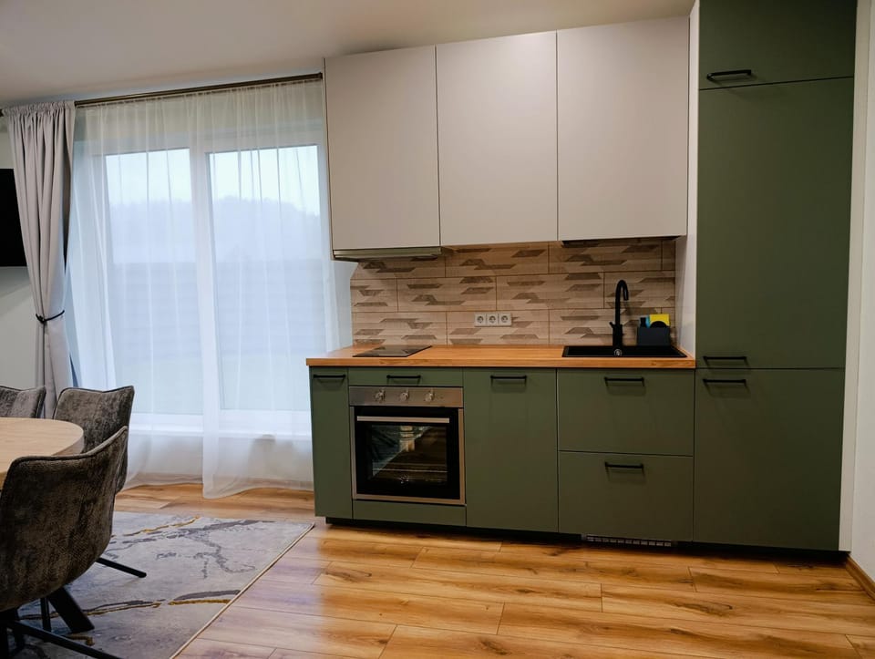 Kitchen or kitchenette, dishwasher, oven, stove