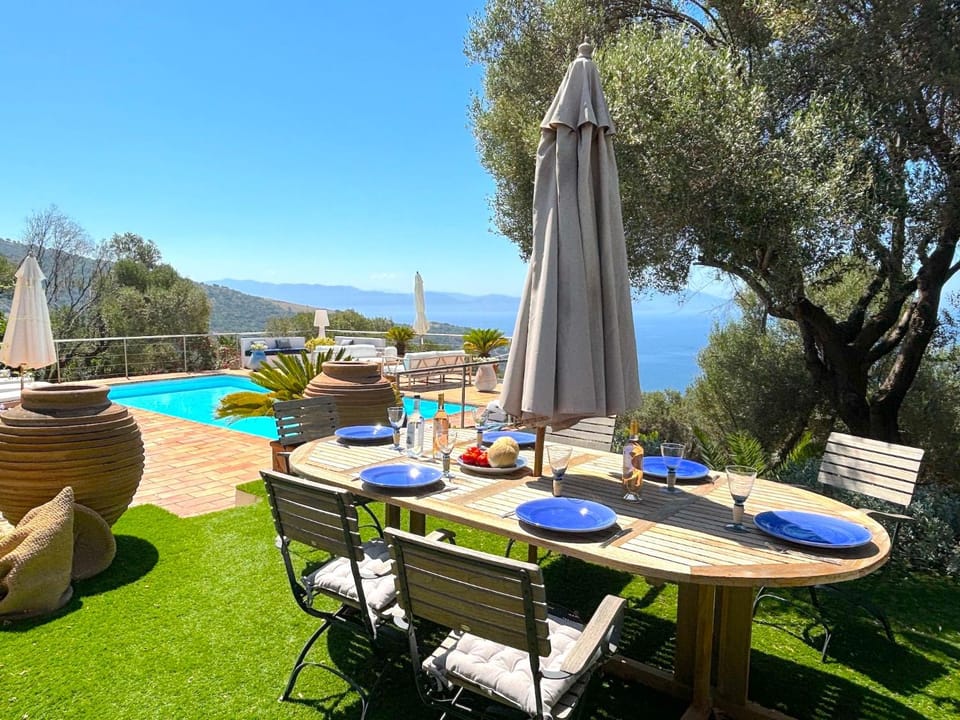 Patio, Natural landscape, Dining area, Pool view, Sea view