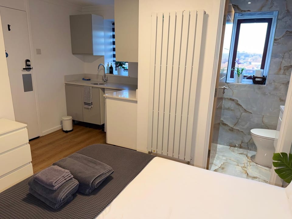 Toilet, Bed, Bathroom, Kitchen or kitchenette, Photo of the whole room, Bedroom, towels