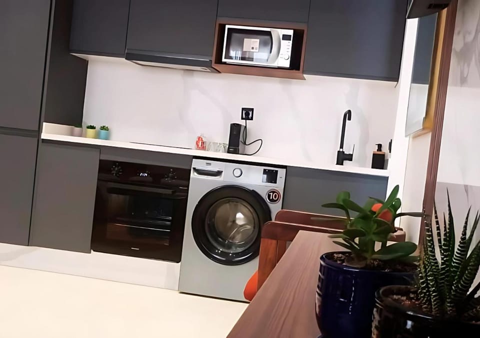 Kitchen or kitchenette, stove, washing machine
