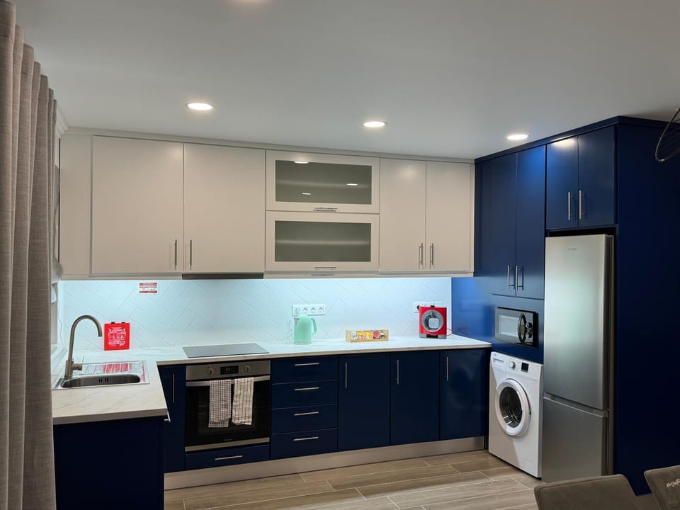 Kitchen or kitchenette, oven, stove, washing machine