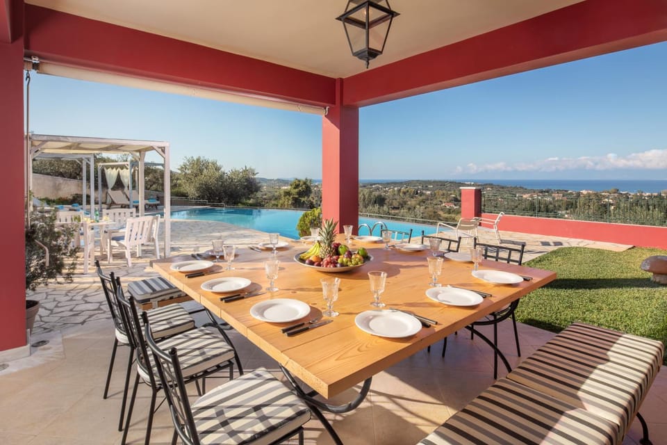 Property building, Patio, Day, View (from property/room), Balcony/Terrace, Food and drinks, Seating area, Dining area, Pool view, Sea view, Swimming pool, sunbed