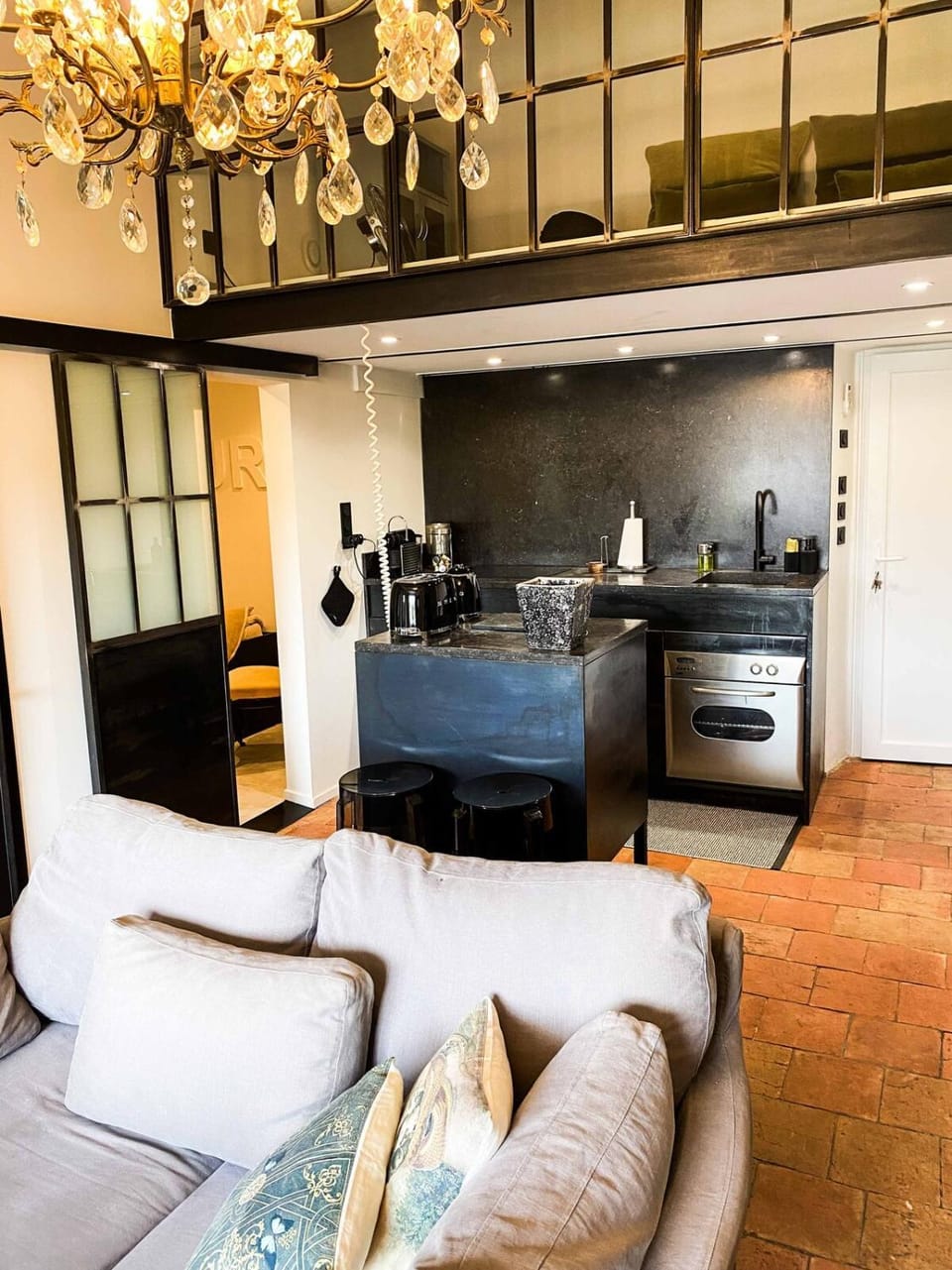 Kitchen or kitchenette, Living room, Dining area, stove