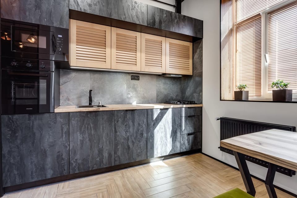 Kitchen or kitchenette, stove