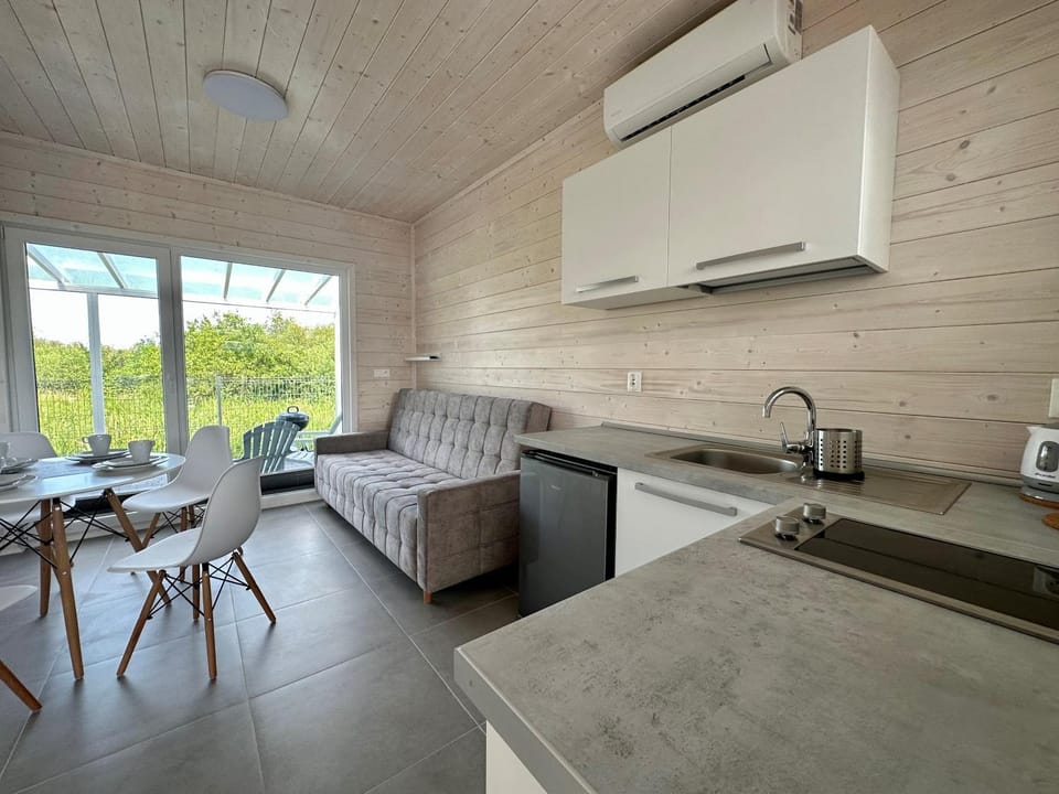 Kitchen or kitchenette, Living room, Seating area, Dining area