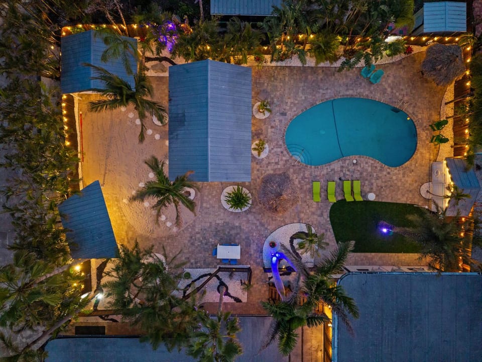 Property building, Patio, Night, Bird's eye view, Pool view, Swimming pool