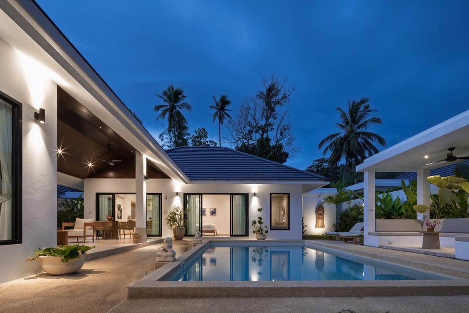 Property building, Patio, Night, Garden, Swimming pool